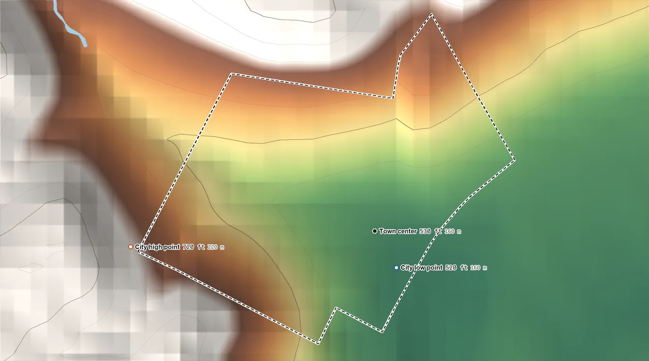 Topographic elevation map of Kenton Vale, Kentucky, shaded from 520 ft near the middle to 720 ft on the west side