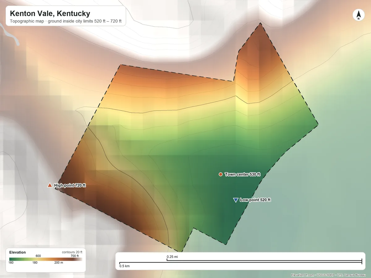 Topographic elevation map of Kenton Vale, Kentucky, shaded from 520 ft near the middle to 720 ft on the west side