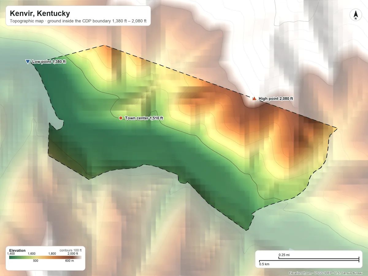 Topographic elevation map of Kenvir, Kentucky, shaded from 1,380 ft on the northwest side to 2,080 ft at the foot of the Pine Mountain