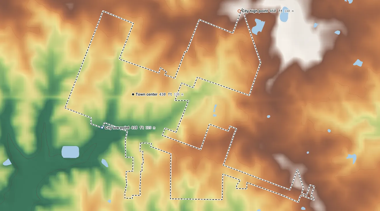Topographic elevation map of Kevil, Kentucky, shaded from 410 ft on the southwest side to 460 ft on the northeast side