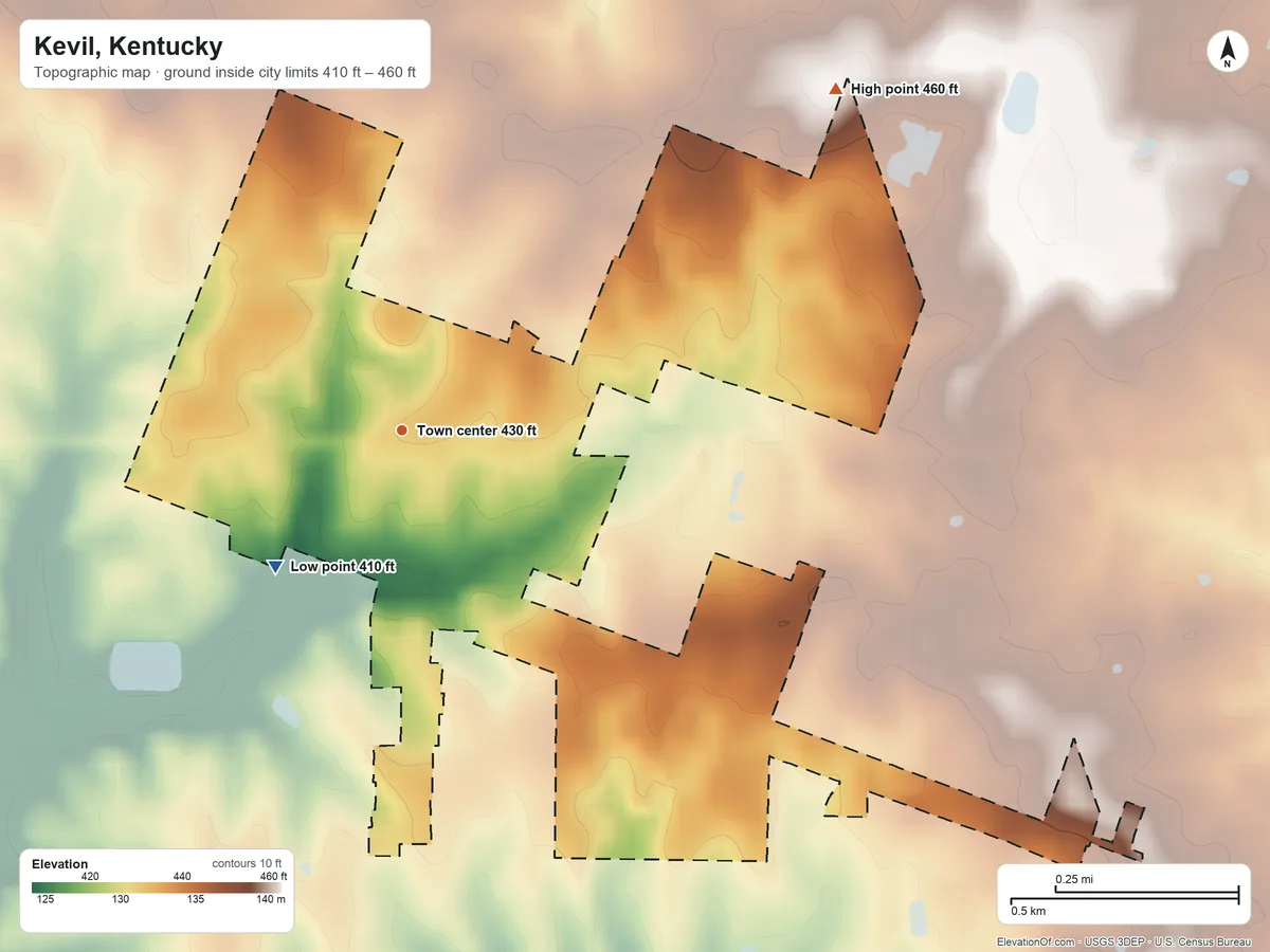 Topographic elevation map of Kevil, Kentucky, shaded from 410 ft on the southwest side to 460 ft on the northeast side