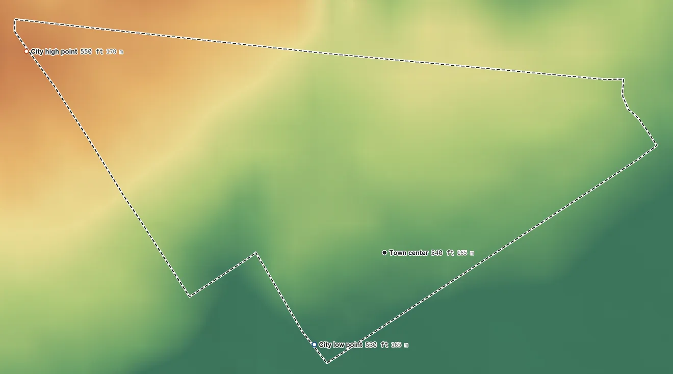 Topographic elevation map of Kingsley, Kentucky, shaded from 530 ft on the southwest side to 550 ft on the northwest side