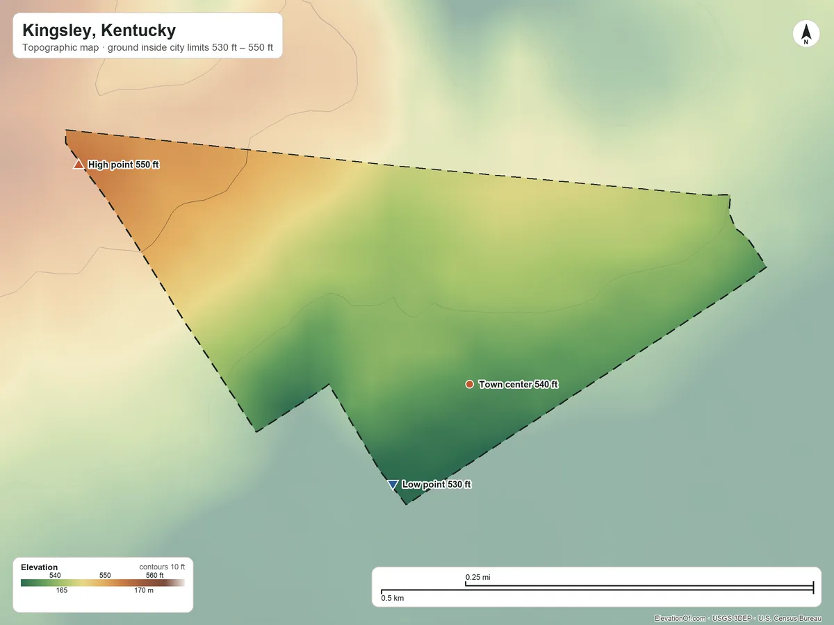 Topographic elevation map of Kingsley, Kentucky, shaded from 530 ft on the southwest side to 550 ft on the northwest side