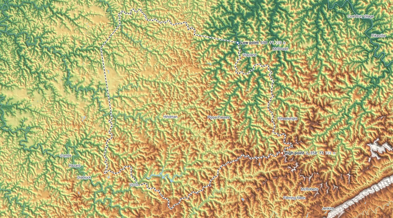 Topographic elevation map of Knott County, Kentucky, shaded from 690 ft on the northeast side to 2,350 ft on the southeast side