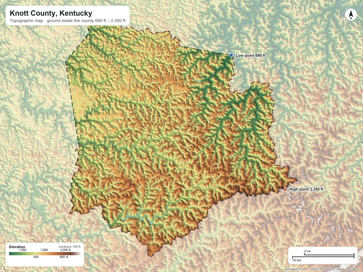 Topographic elevation map of Knott County, Kentucky, shaded from 690 ft on the northeast side to 2,350 ft on the southeast side