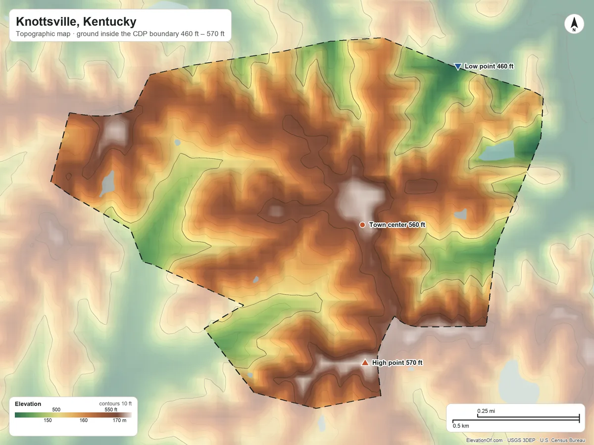 Topographic elevation map of Knottsville, Kentucky, shaded from 460 ft on the northeast side to 570 ft on the south side