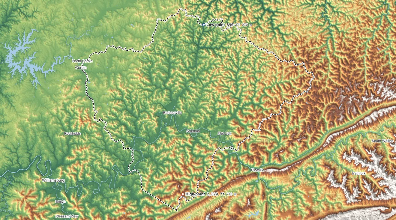 Topographic elevation map of Knox County, Kentucky, shaded from 890 ft on the north side to 2,320 ft on the south side