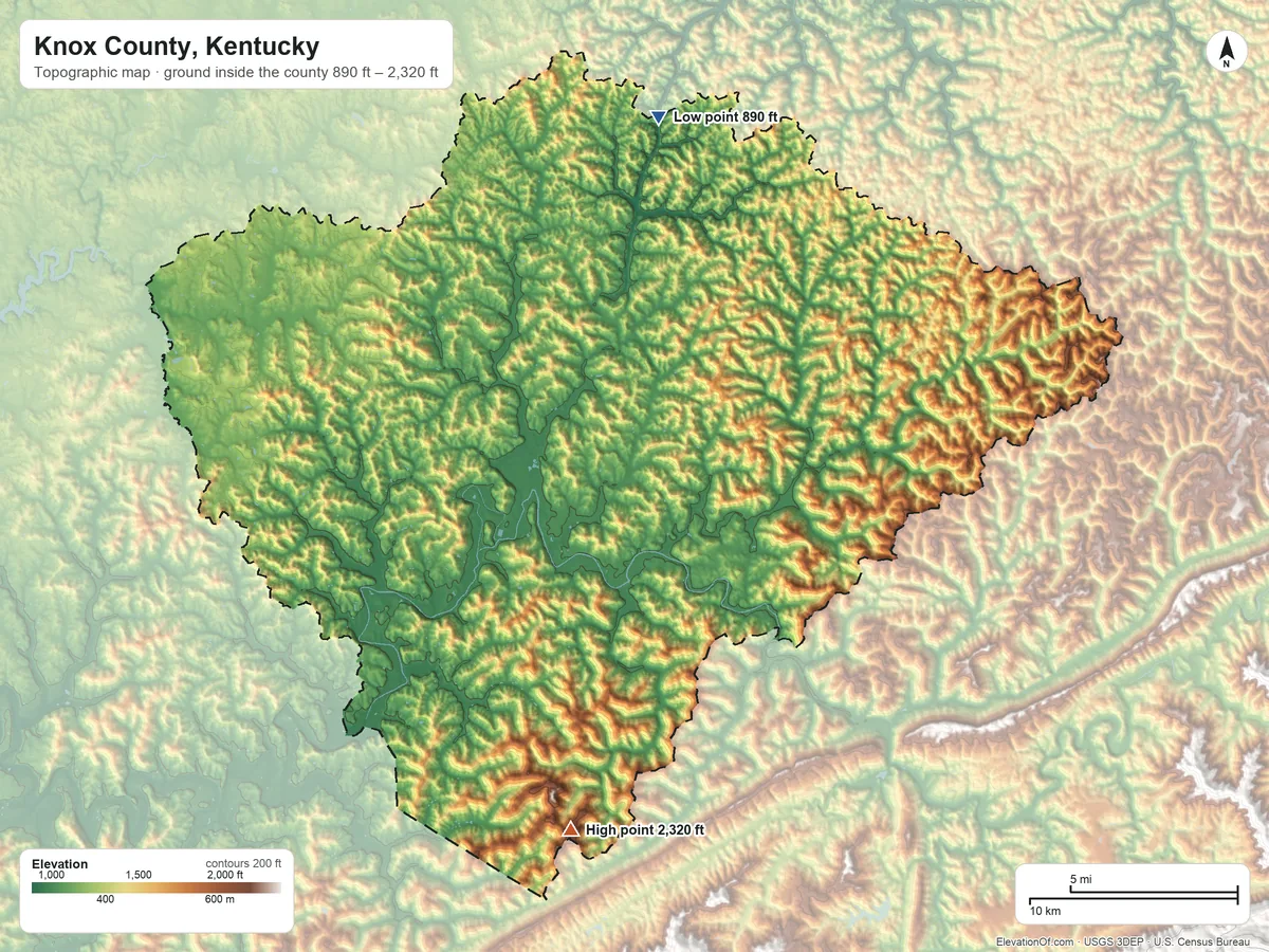 Topographic elevation map of Knox County, Kentucky, shaded from 890 ft on the north side to 2,320 ft on the south side