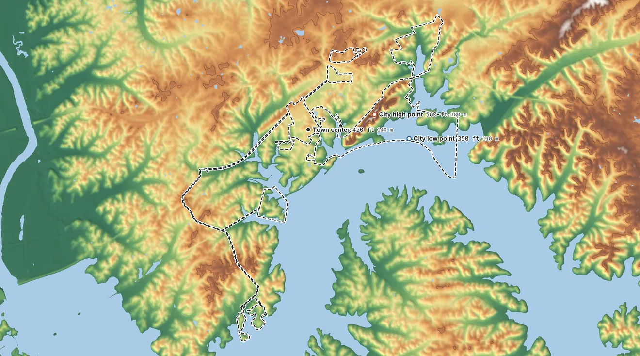 Topographic elevation map of Kuttawa, Kentucky, shaded from 350 ft on the east side to 580 ft on the east side