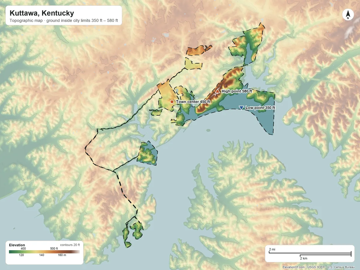 Topographic elevation map of Kuttawa, Kentucky, shaded from 350 ft on the east side to 580 ft on the east side