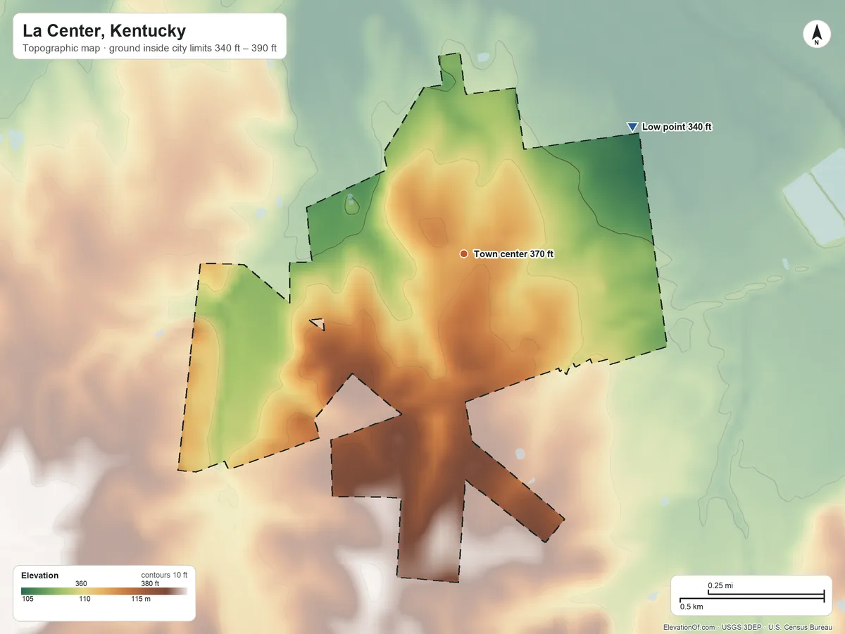 Topographic elevation map of La Center, Kentucky, shaded from 340 ft on the northeast side to 390 ft on the south side