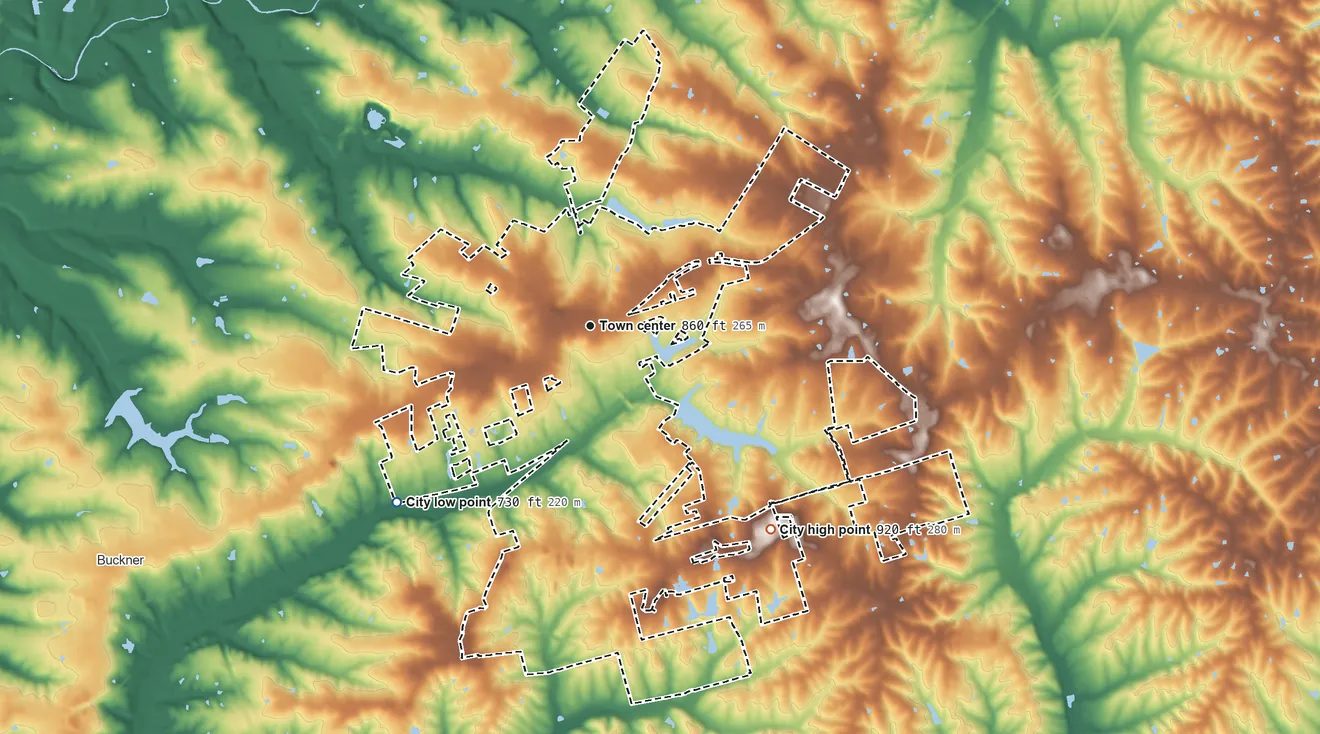 Topographic elevation map of La Grange, Kentucky, shaded from 730 ft on the southwest side to 920 ft on the southeast side