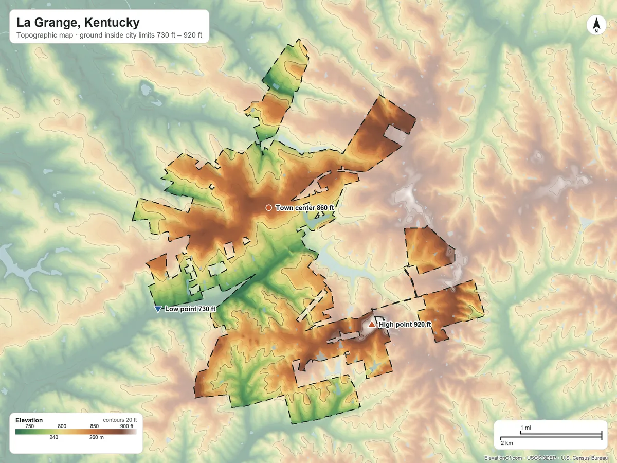 Topographic elevation map of La Grange, Kentucky, shaded from 730 ft on the southwest side to 920 ft on the southeast side