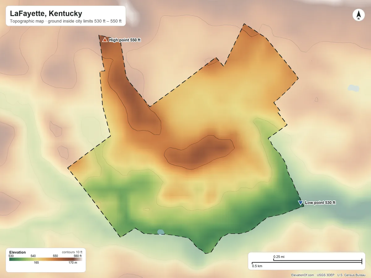 Topographic elevation map of LaFayette, Kentucky, shaded from 530 ft on the southeast side to 550 ft on the northwest side