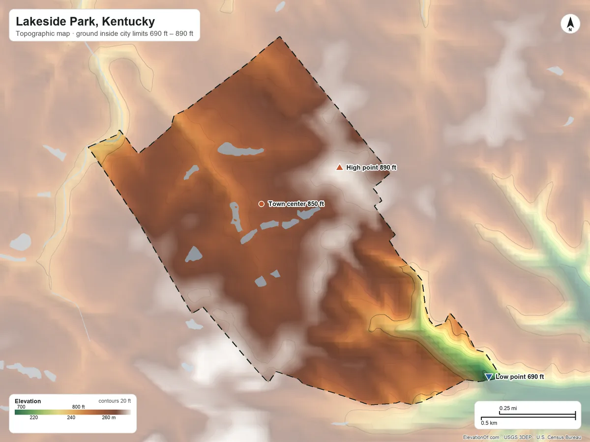 Topographic elevation map of Lakeside Park, Kentucky, shaded from 690 ft on the southeast side to 890 ft on the northeast side