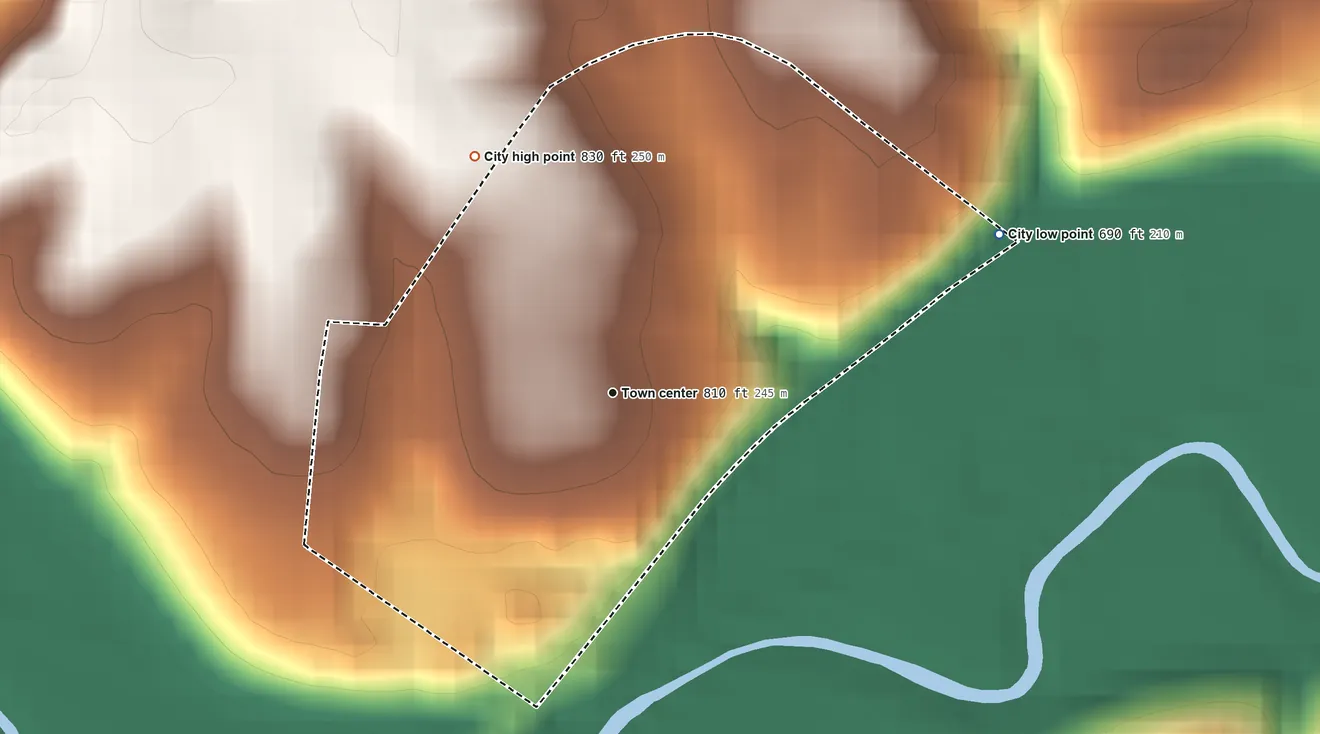 Topographic elevation map of Lakeview Heights, Kentucky, shaded from 690 ft on the east side to 830 ft on the northwest edge, below higher ground just outside