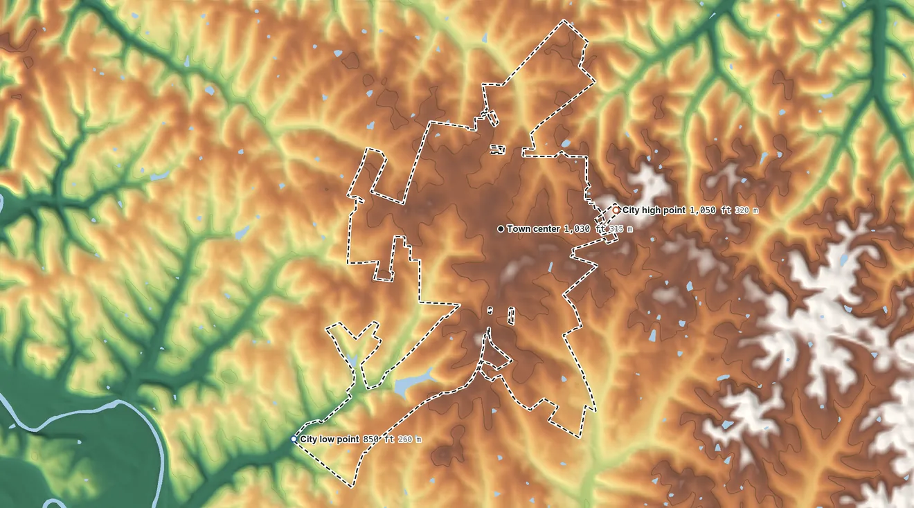 Topographic elevation map of Lancaster, Kentucky, shaded from 850 ft on the southwest side to 1,050 ft on the east side