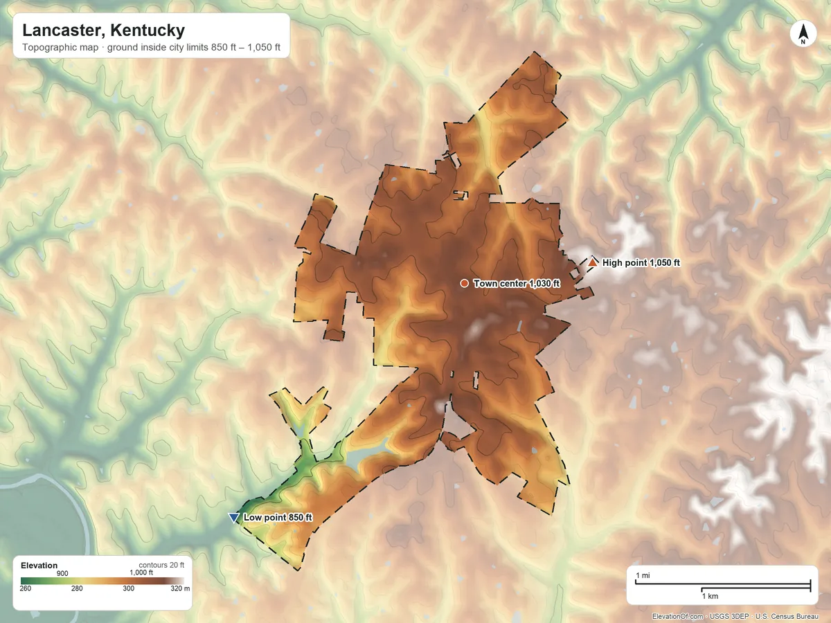 Topographic elevation map of Lancaster, Kentucky, shaded from 850 ft on the southwest side to 1,050 ft on the east side