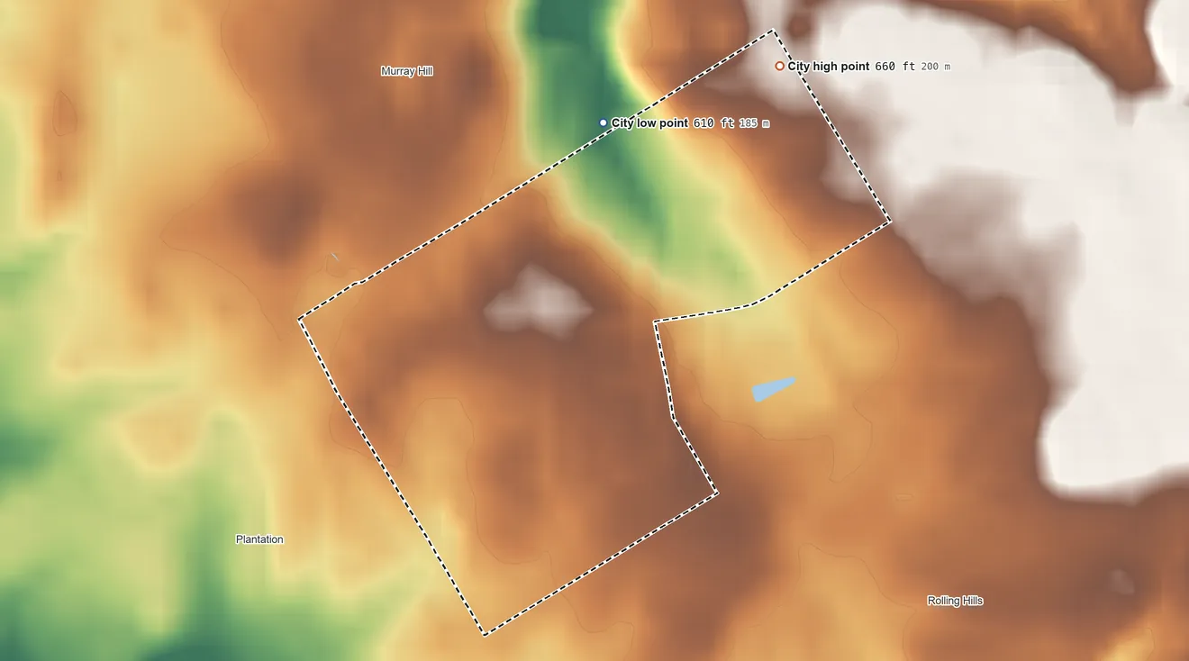 Topographic elevation map of Langdon Place, Kentucky, shaded from 610 ft on the north side to 660 ft on the northeast side