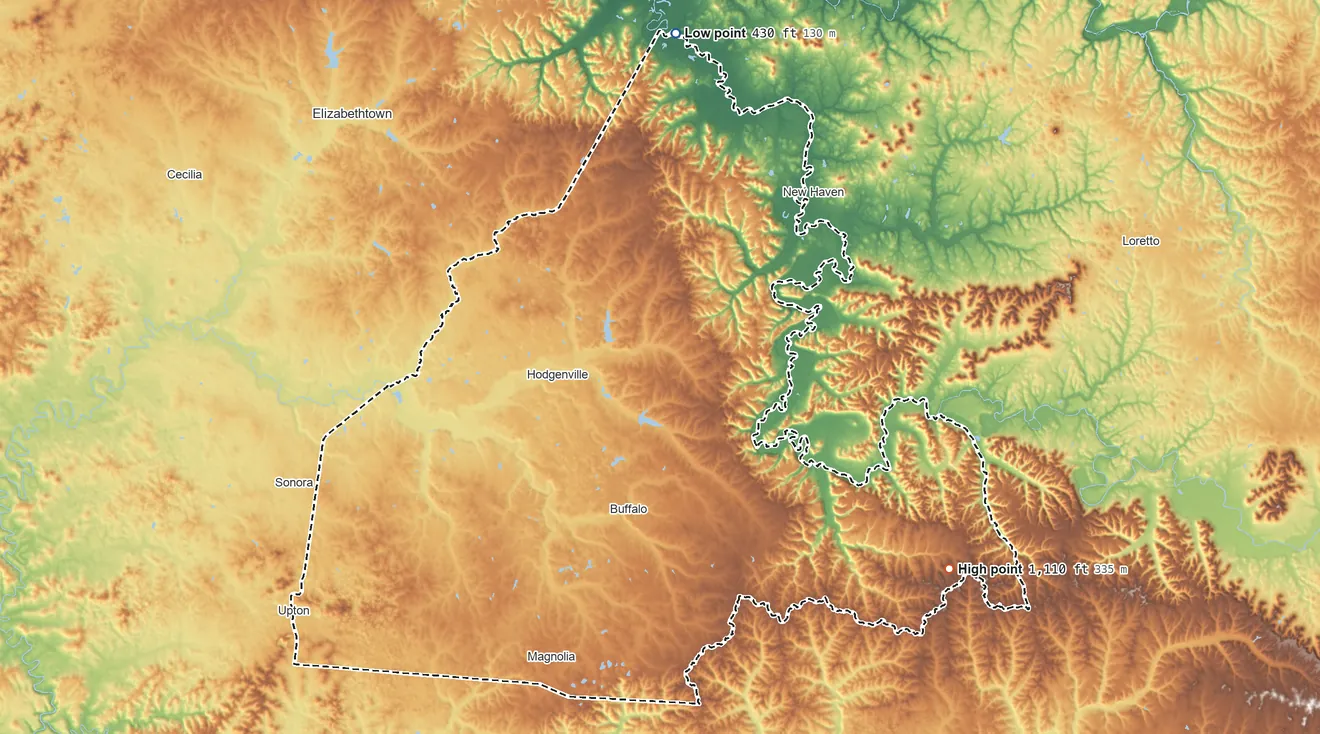 Topographic elevation map of Larue County, Kentucky, shaded from 430 ft on the north side to 1,110 ft on the southeast side