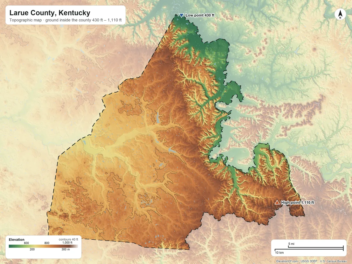 Topographic elevation map of Larue County, Kentucky, shaded from 430 ft on the north side to 1,110 ft on the southeast side