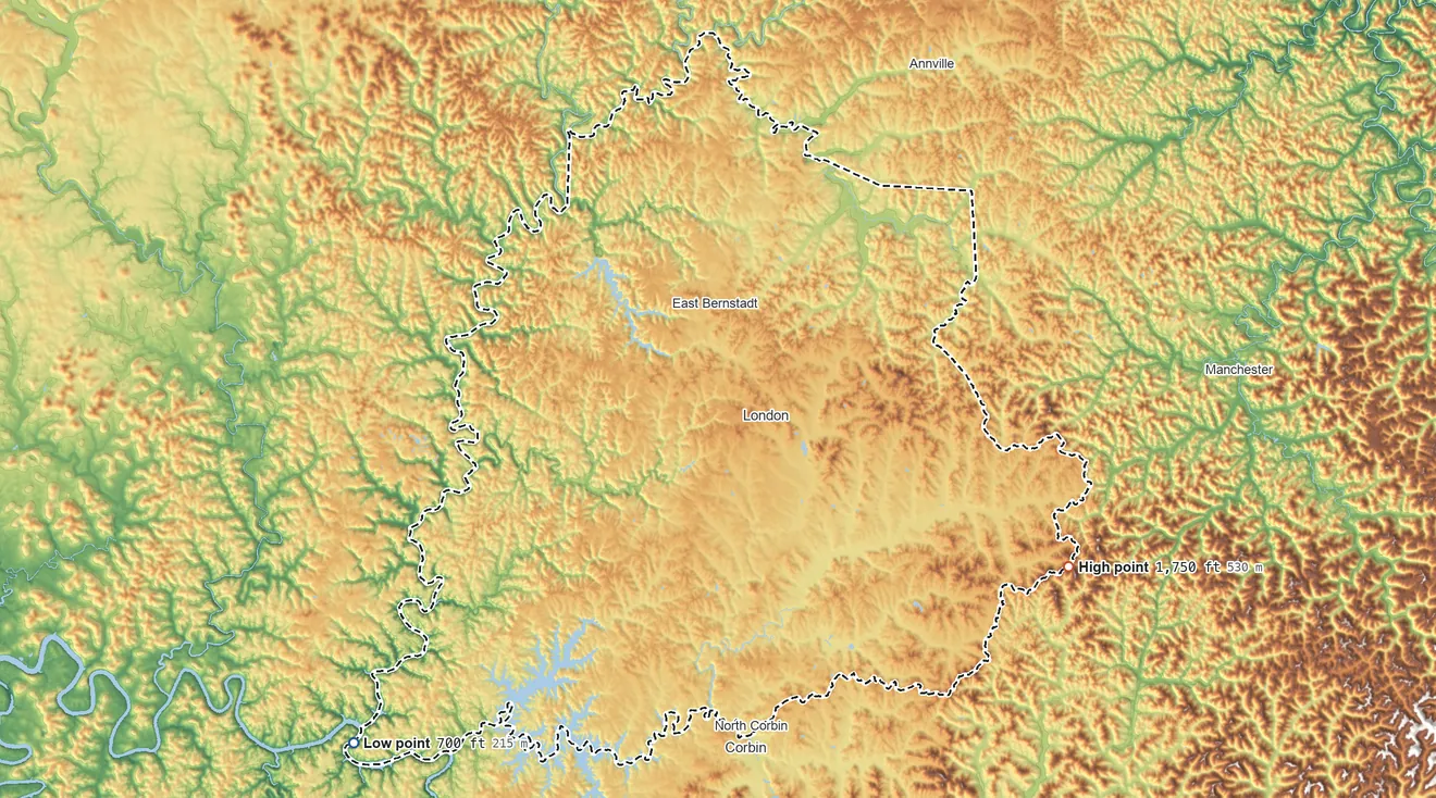 Topographic elevation map of Laurel County, Kentucky, shaded from 700 ft on the southwest side to 1,750 ft on the southeast side