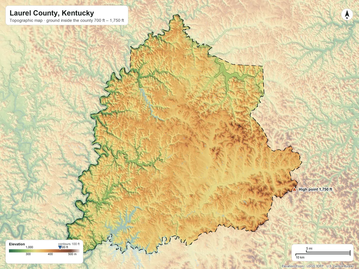 Topographic elevation map of Laurel County, Kentucky, shaded from 700 ft on the southwest side to 1,750 ft on the southeast side