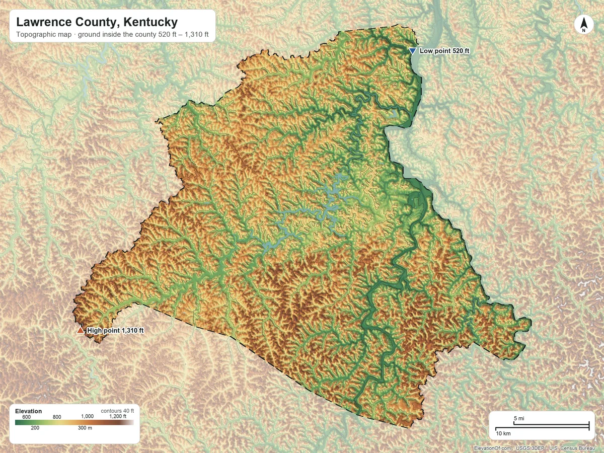 Topographic elevation map of Lawrence County, Kentucky, shaded from 520 ft on the northeast side to 1,310 ft on the southwest side