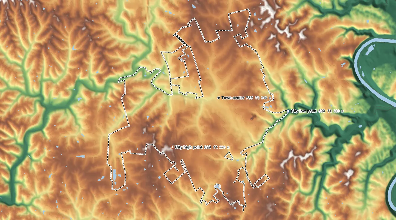 Topographic elevation map of Lawrenceburg, Kentucky, shaded from 690 ft on the east side to 890 ft on the southwest side
