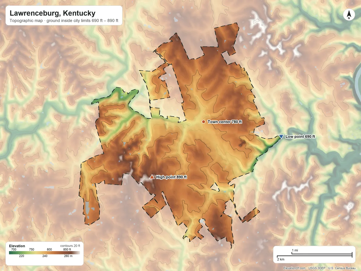 Topographic elevation map of Lawrenceburg, Kentucky, shaded from 690 ft on the east side to 890 ft on the southwest side