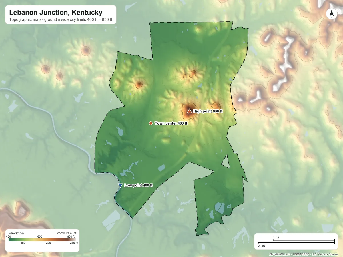 Topographic elevation map of Lebanon Junction, Kentucky, shaded from 400 ft on the southwest side to 830 ft on the east side