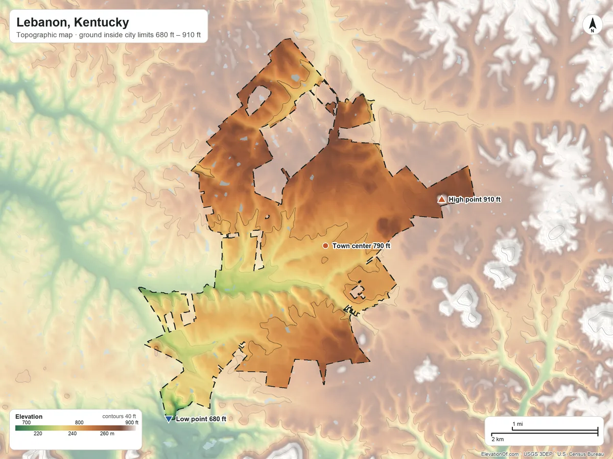 Topographic elevation map of Lebanon, Kentucky, shaded from 680 ft on the southwest side to 910 ft on the east side