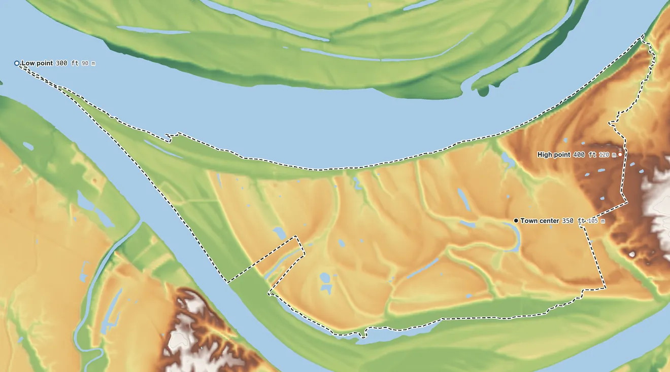 Topographic elevation map of Ledbetter, Kentucky, shaded from 300 ft on the west side to 400 ft on the northeast side