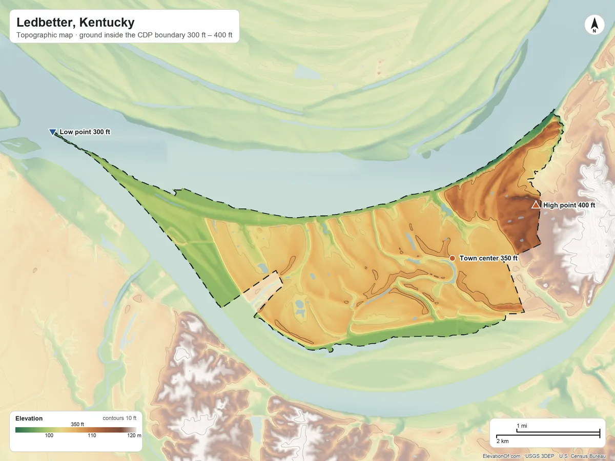 Topographic elevation map of Ledbetter, Kentucky, shaded from 300 ft on the west side to 400 ft on the northeast side