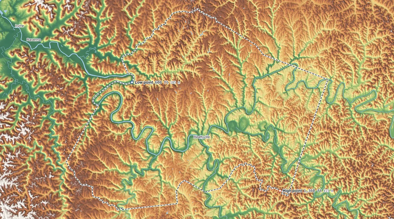 Topographic elevation map of Lee County, Kentucky, shaded from 600 ft on the northwest side to 1,360 ft on the southeast side