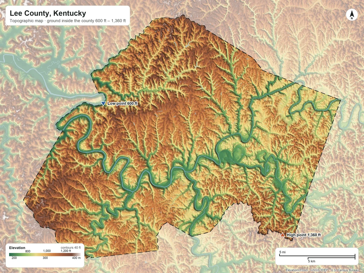 Topographic elevation map of Lee County, Kentucky, shaded from 600 ft on the northwest side to 1,360 ft on the southeast side