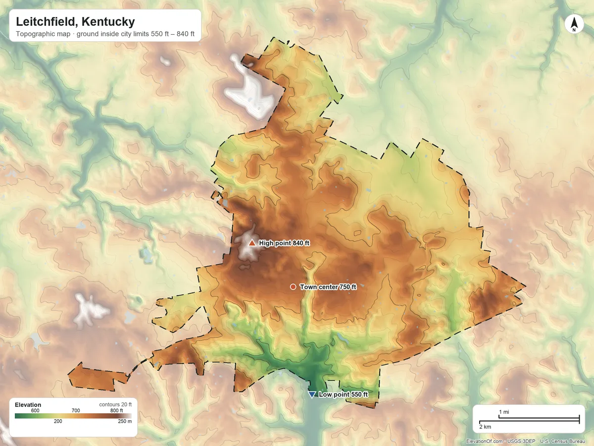 Topographic elevation map of Leitchfield, Kentucky, shaded from 550 ft on the south side to 840 ft on the northwest side