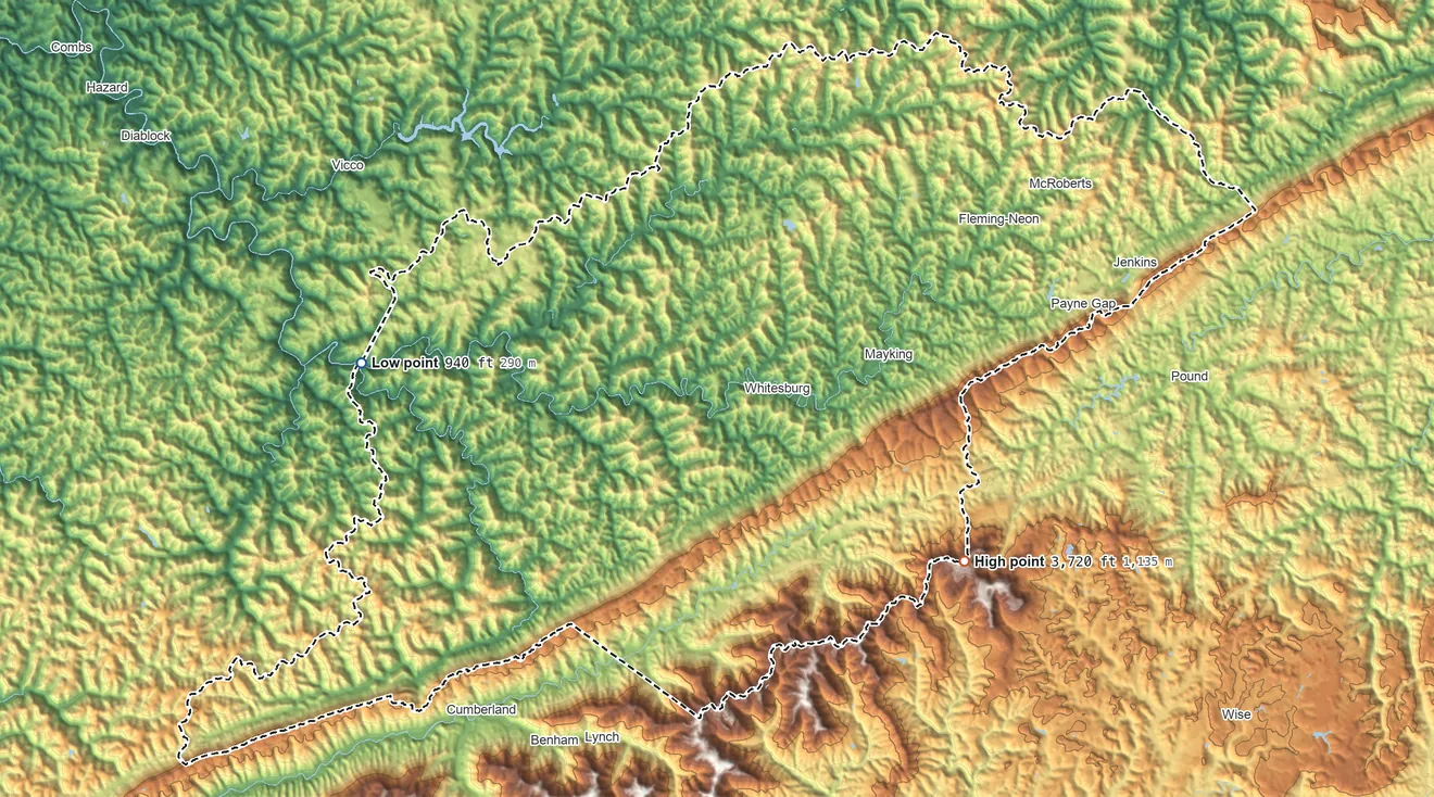 Topographic elevation map of Letcher County, Kentucky, shaded from 940 ft on the west side to 3,720 ft on the southeast side