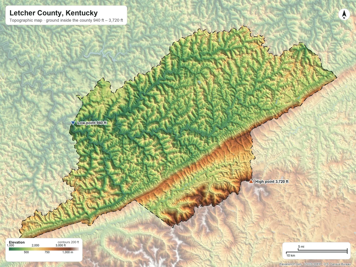 Topographic elevation map of Letcher County, Kentucky, shaded from 940 ft on the west side to 3,720 ft on the southeast side