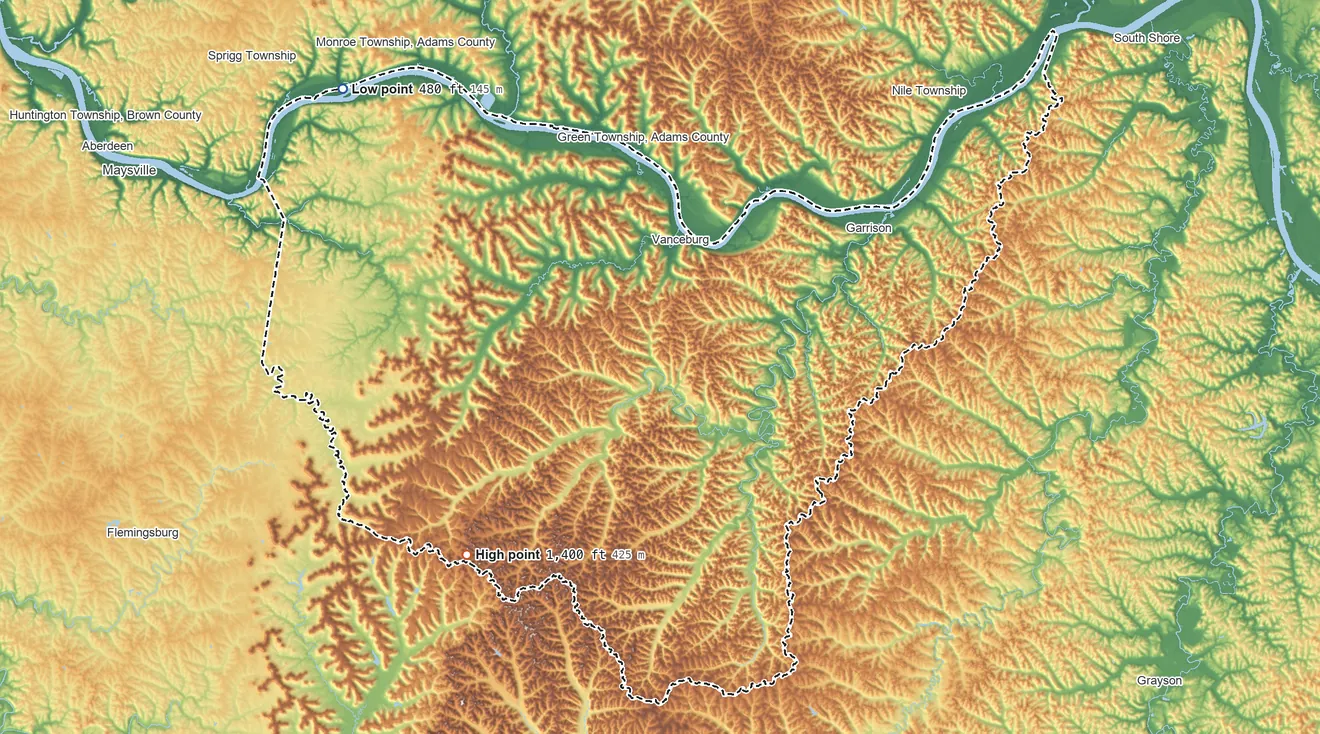 Topographic elevation map of Lewis County, Kentucky, shaded from 480 ft on the northwest side to 1,400 ft on the southwest side