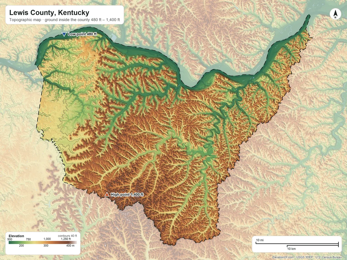 Topographic elevation map of Lewis County, Kentucky, shaded from 480 ft on the northwest side to 1,400 ft on the southwest side