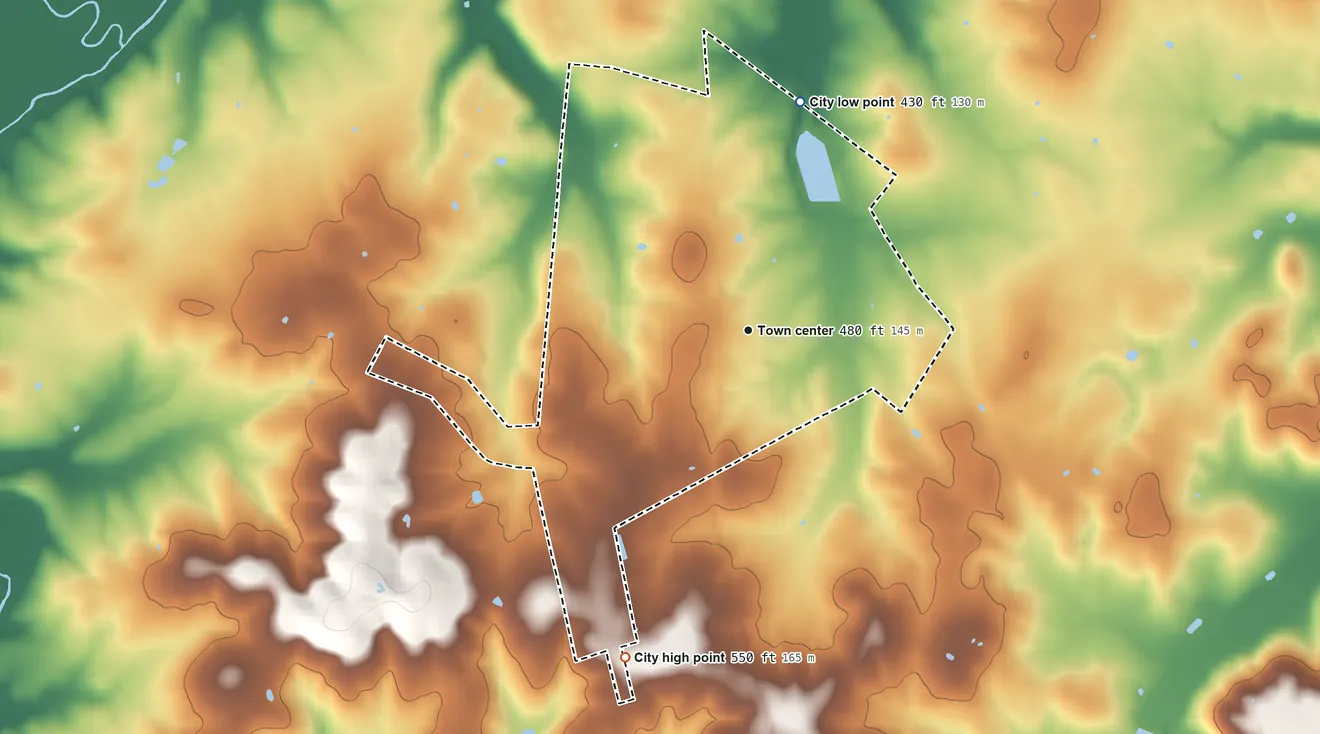 Topographic elevation map of Lewisburg, Kentucky, shaded from 430 ft on the north side to 550 ft on the south side