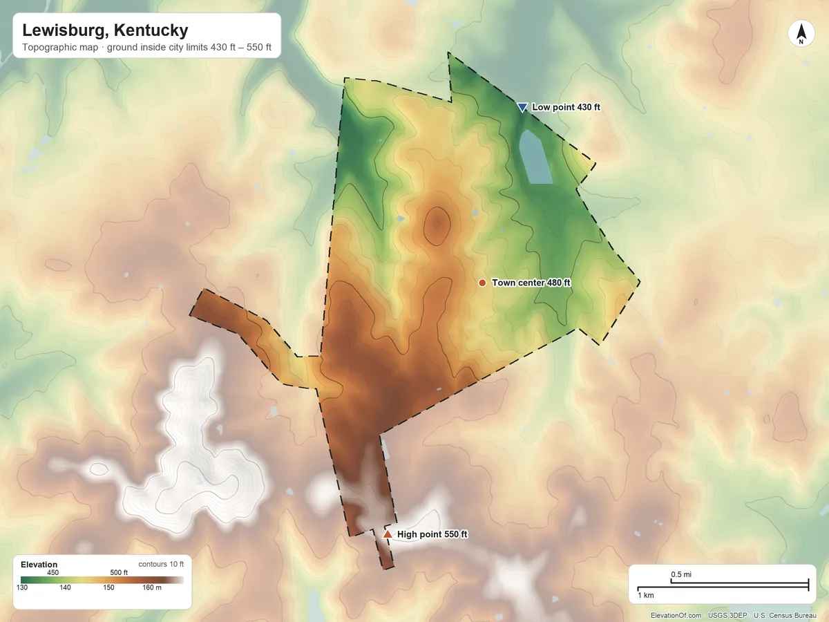 Topographic elevation map of Lewisburg, Kentucky, shaded from 430 ft on the north side to 550 ft on the south side