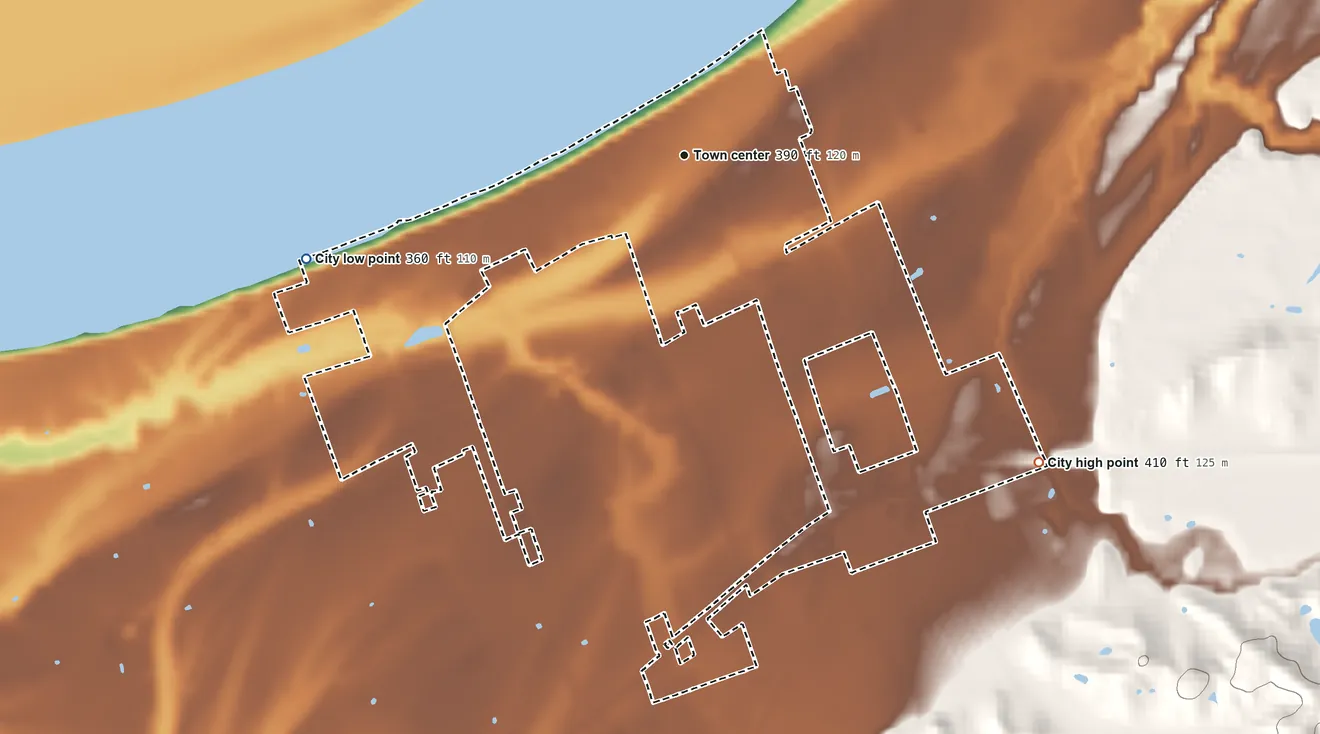 Topographic elevation map of Lewisport, Kentucky, shaded from 360 ft on the west side to 410 ft on the southeast side