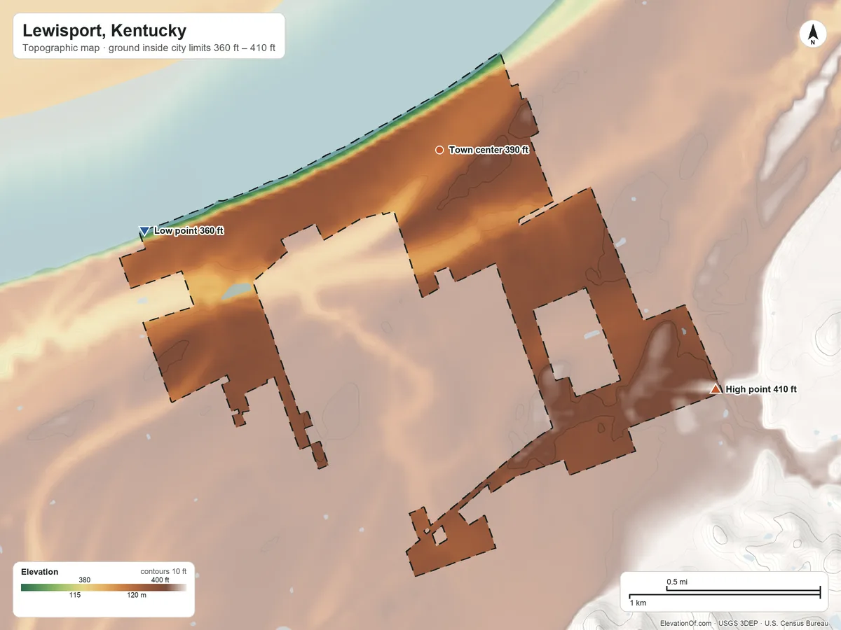 Topographic elevation map of Lewisport, Kentucky, shaded from 360 ft on the west side to 410 ft on the southeast side