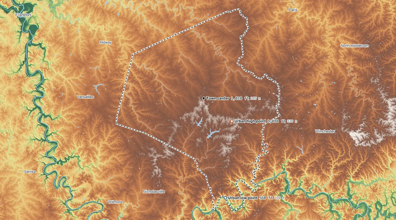 Topographic elevation map of Lexington-Fayette, Kentucky, shaded from 560 ft on the south side to 1,080 ft on the southeast side