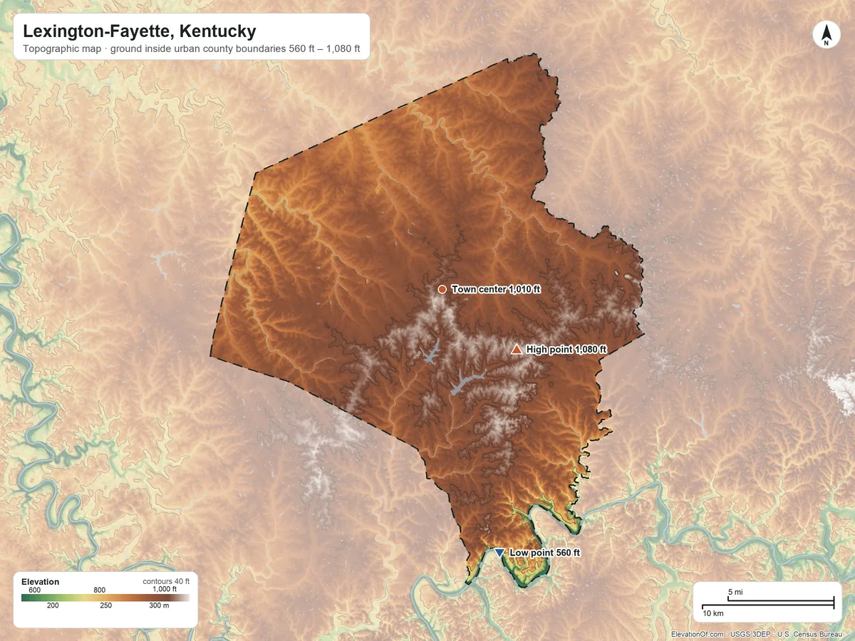 Topographic elevation map of Lexington-Fayette, Kentucky, shaded from 560 ft on the south side to 1,080 ft on the southeast side