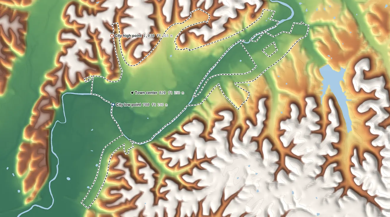 Topographic elevation map of Liberty, Kentucky, shaded from 780 ft near the middle to 1,030 ft on the north side
