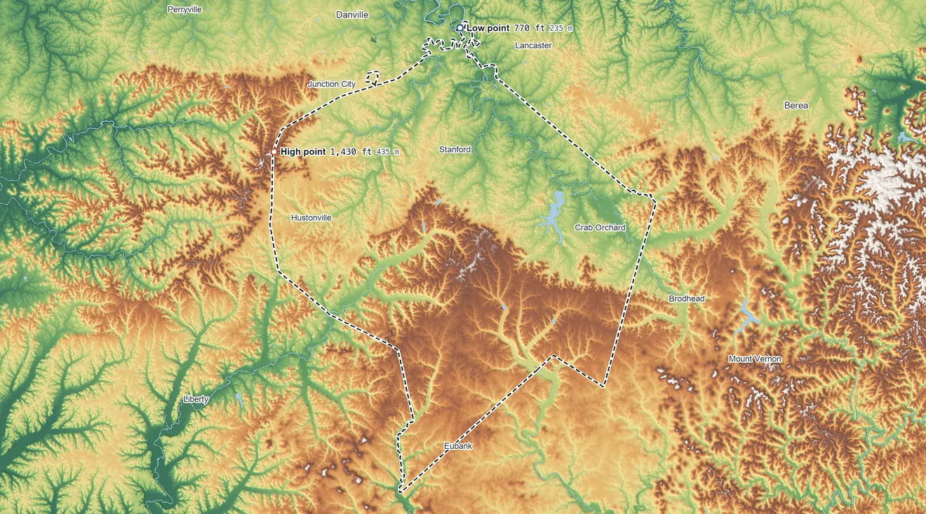 Topographic elevation map of Lincoln County, Kentucky, shaded from 770 ft on the north side to 1,430 ft on the northwest side
