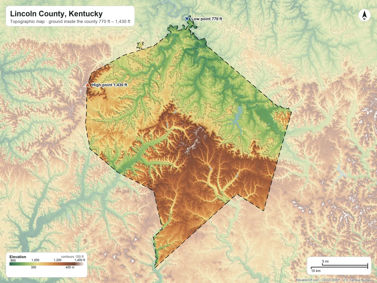 Topographic elevation map of Lincoln County, Kentucky, shaded from 770 ft on the north side to 1,430 ft on the northwest side
